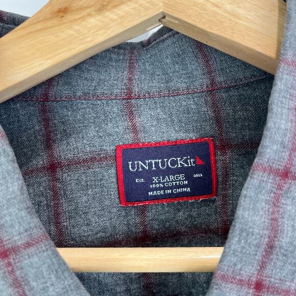 UNTUCKIT Size XL Windowpane Check Button Down Long Sleeve Shirt Cotton Gray Red - Picture 2 of 7